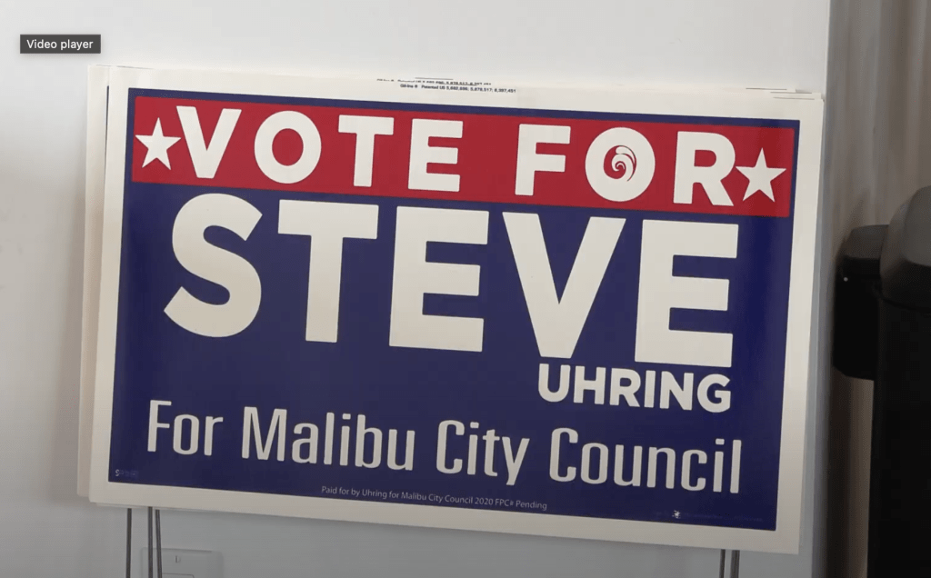 The sign advertises Steve Uhring's City Council campaign Sept. 22 at Point Dume Club. These signs can be found throughout the Malibu community.